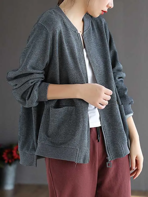 Simple Long Sleeves Loose Solid Color Zipper Stand Collar Outerwear