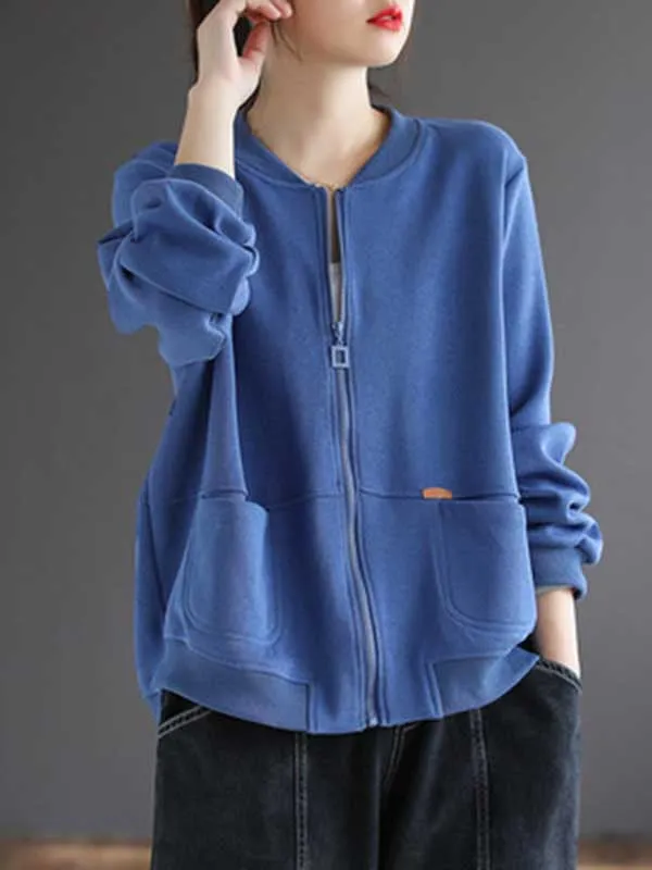 Simple Long Sleeves Loose Solid Color Zipper Stand Collar Outerwear