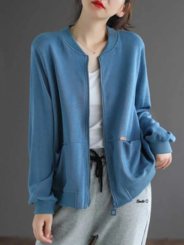 Simple Long Sleeves Loose Solid Color Zipper Stand Collar Outerwear