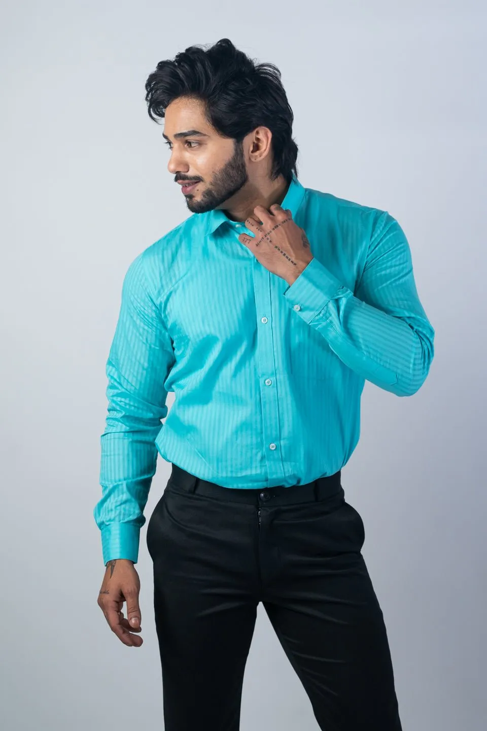 Sky Blue Color vertical Cotton stripe Shirt For Men