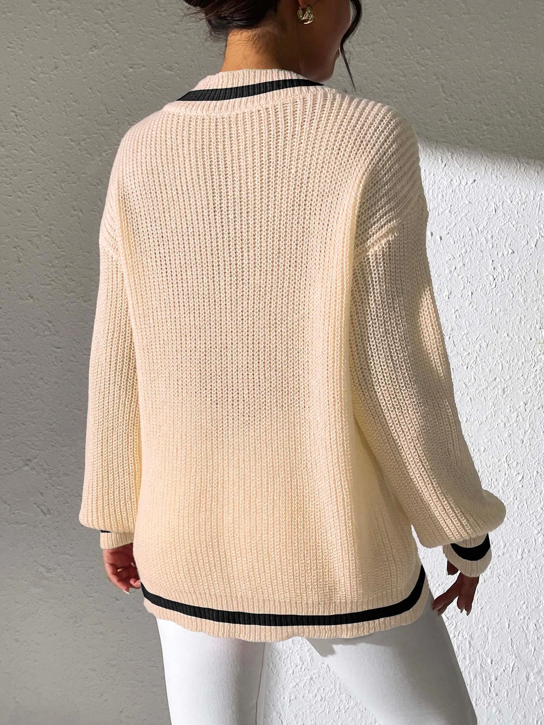 Sweater Beaded Contrast Trim V-Neck Long Sleeve Knitwear