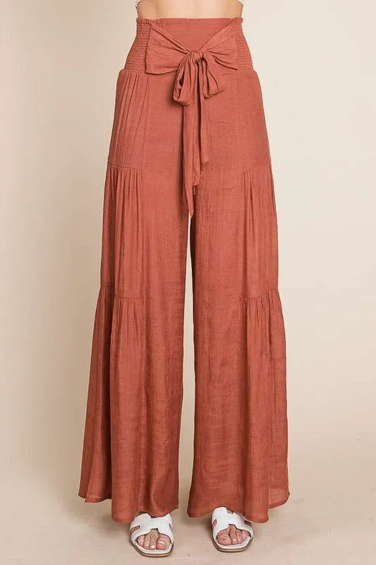 Tie front ruched waist back pants