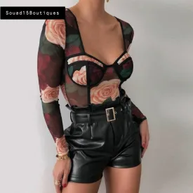 Women Floral Print Long Sleeve Skinny Bodysuit