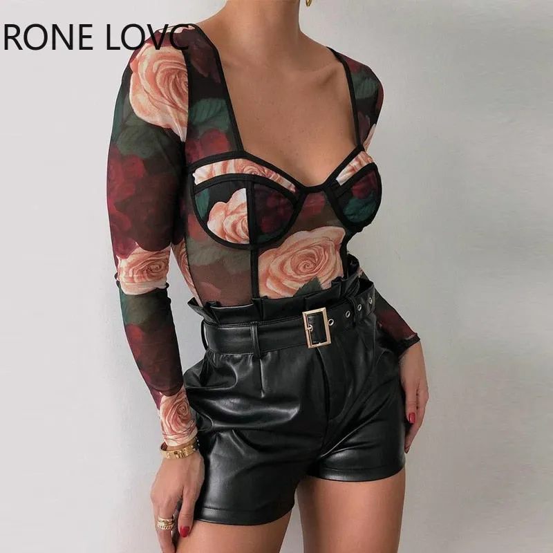 Women Floral Print Long Sleeve Skinny Bodysuit