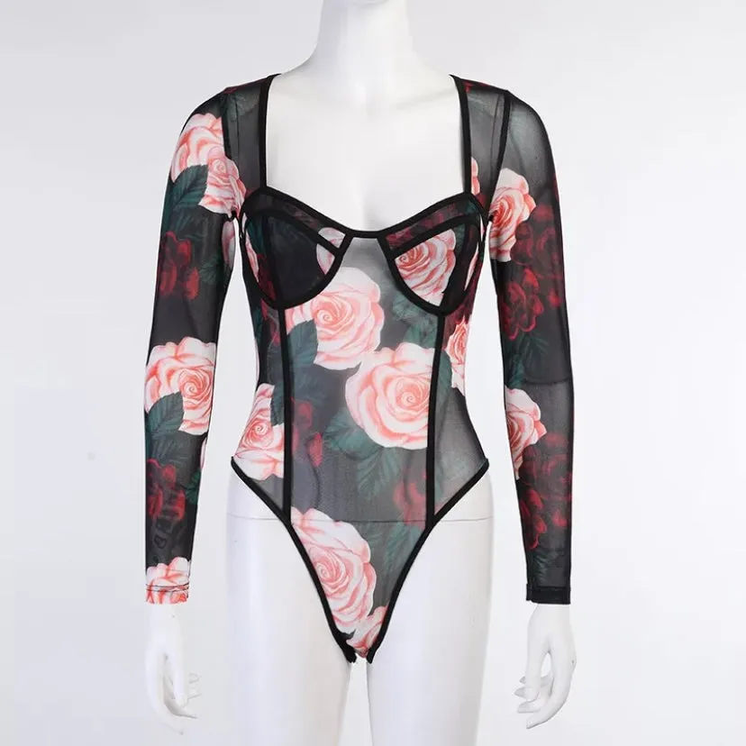 Women Floral Print Long Sleeve Skinny Bodysuit