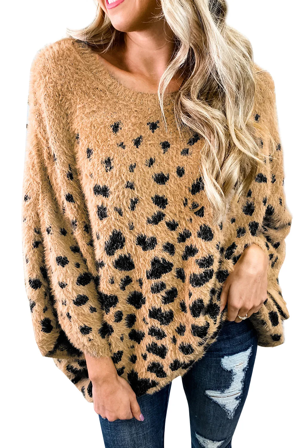 Women's Casual Fuzzy Jumper Tops Print Drop Shoulder Loose Knitted Sweater