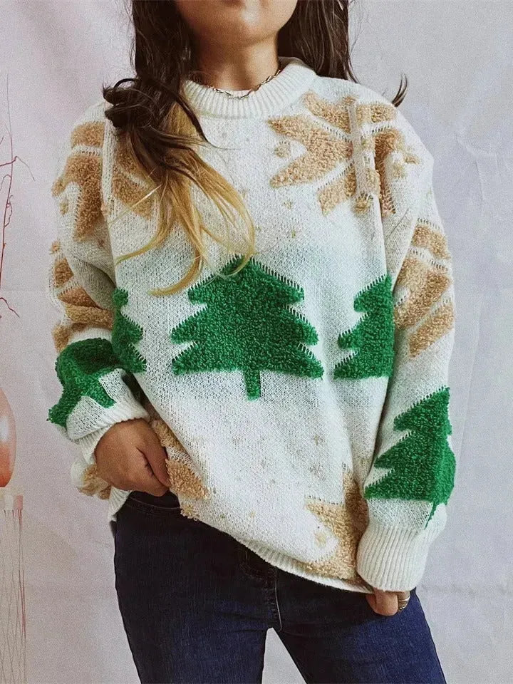 Women's Fashion Christmas Tree Jacquard Round Neck Long Sleeve Pullover Sweater top