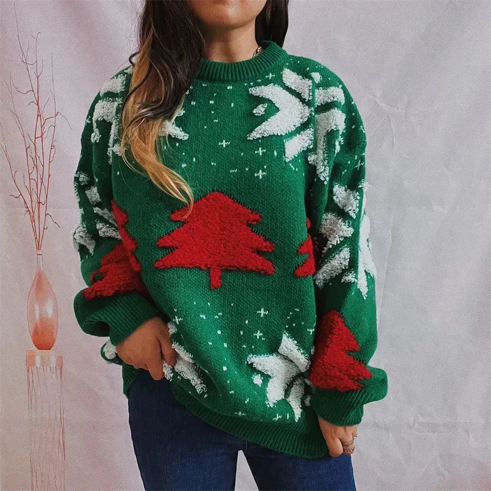 Women's Fashion Christmas Tree Jacquard Round Neck Long Sleeve Pullover Sweater top