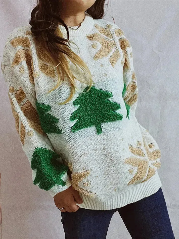 Women's Fashion Christmas Tree Jacquard Round Neck Long Sleeve Pullover Sweater top