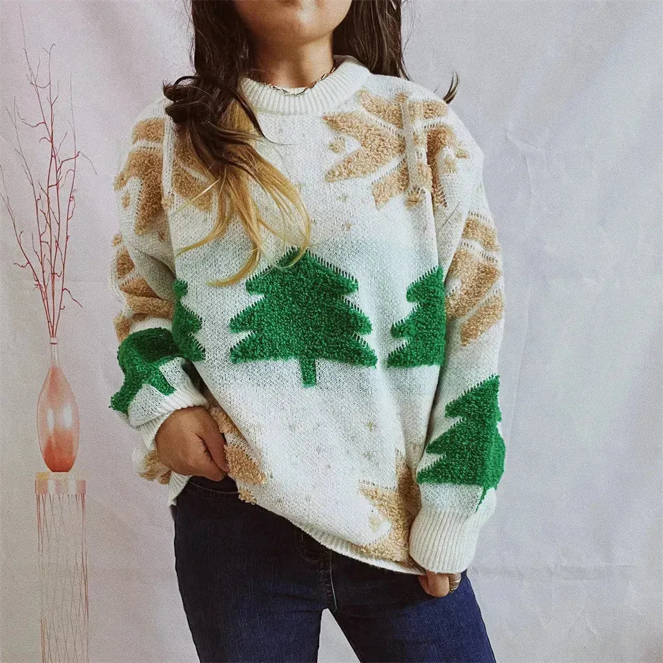 Women's Fashion Christmas Tree Jacquard Round Neck Long Sleeve Pullover Sweater top