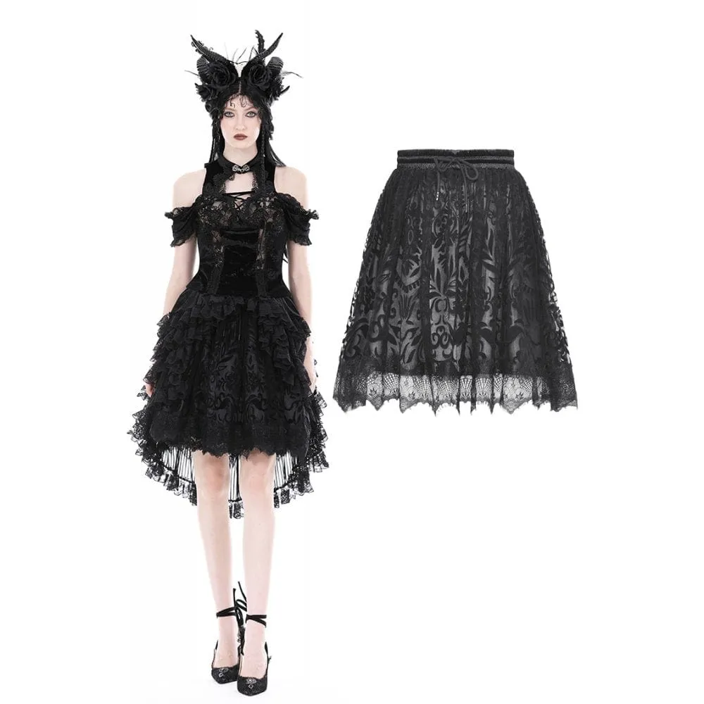 Women's Gothic Flocking Irregular Lace Hem Skirt