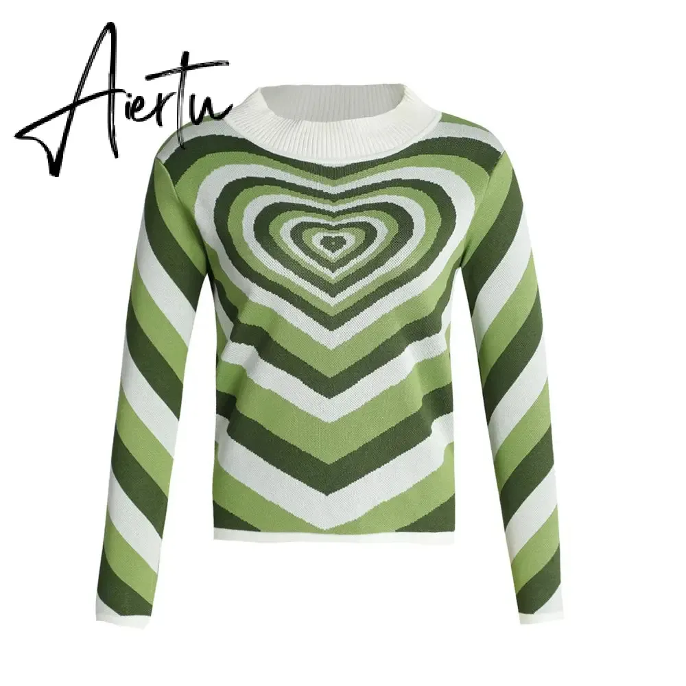 Y2K Sweater Turtleneck Aesthetics Heart Printed Casual Colorful Soft Knitted Turtleneck Pullovers Long Sleeve Knitwear Crop Tops